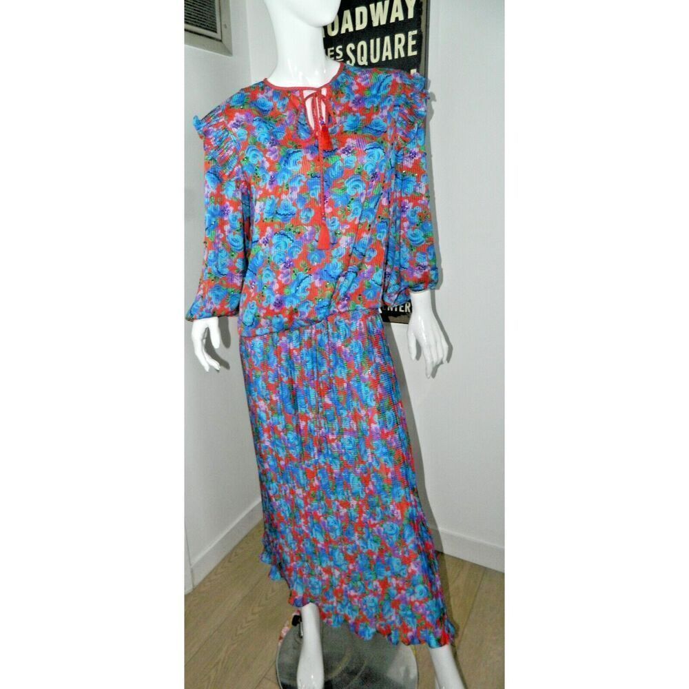 Vintage Diane Freis Skirt Set L/XL‎ Blue  Purple Red Floral Pleated Sequins 80's
